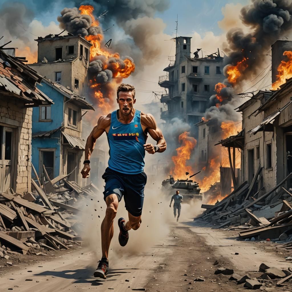 Olympic Runner in War Zone: Surrealist Digital Art