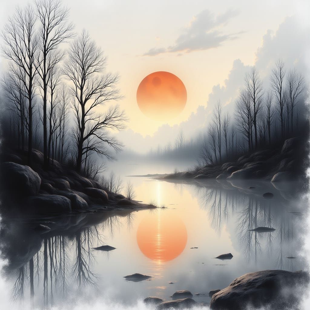 Sunrise Over Crystal Lake in Sumi-e Style