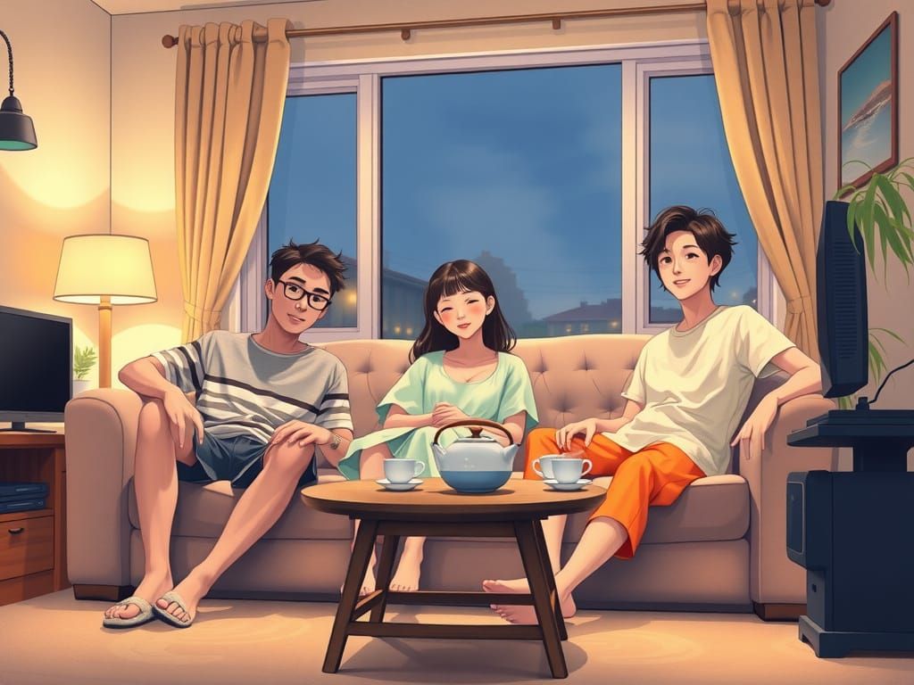 Siblings Unwind in Cozy Living Room Scene