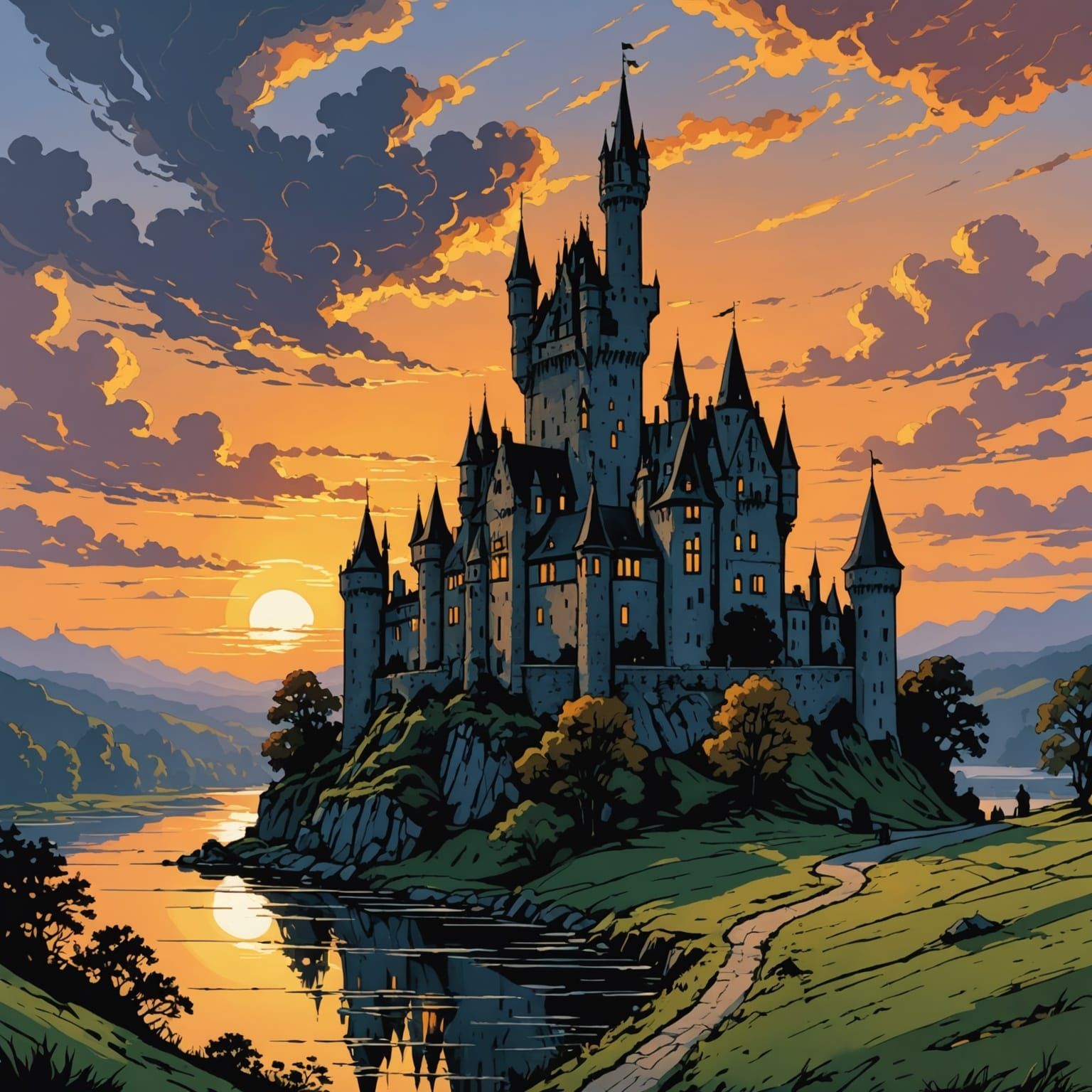 Fairytale Castle at Sunset in Arthur Rackham Style