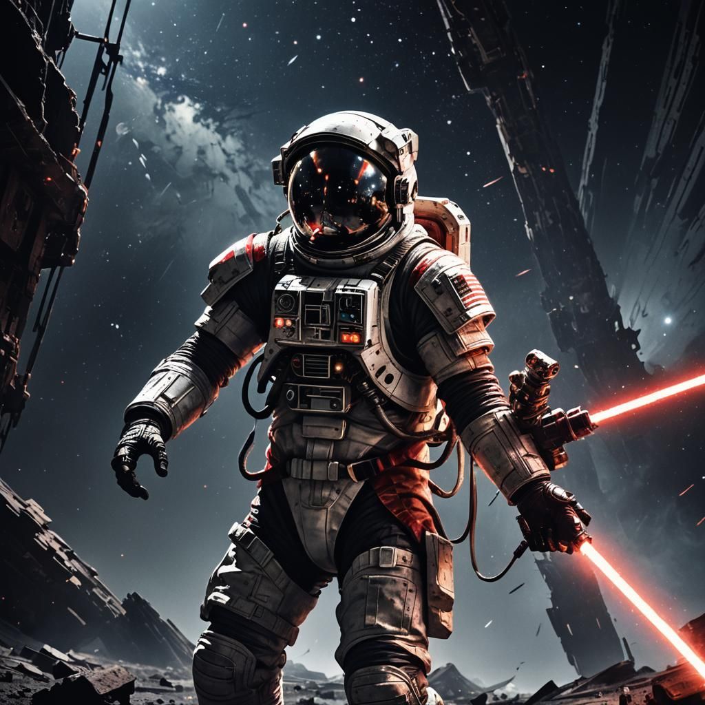 Astronaut with Lightsaber in Cosmic Horror Style