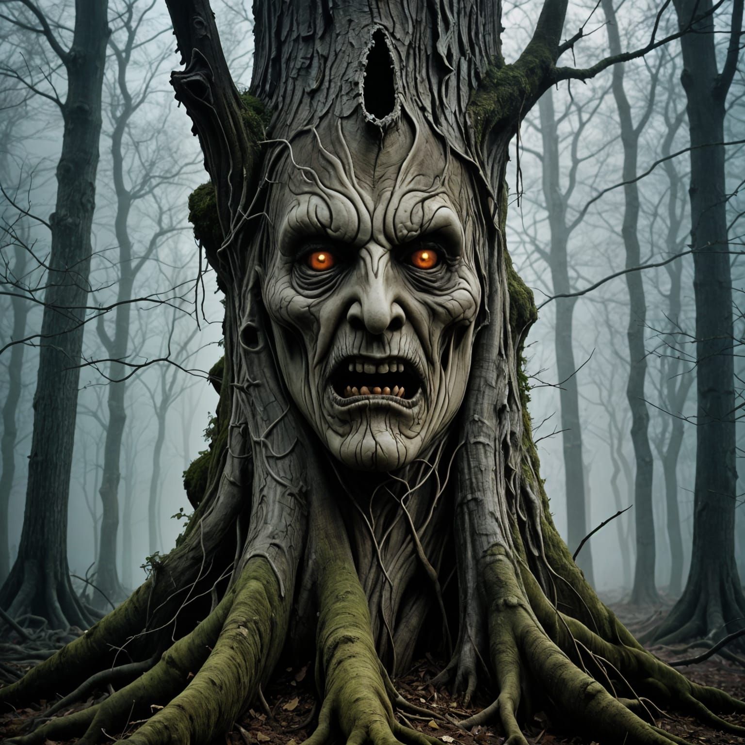 Menacing Haunted Tree Face in Surreal Forest