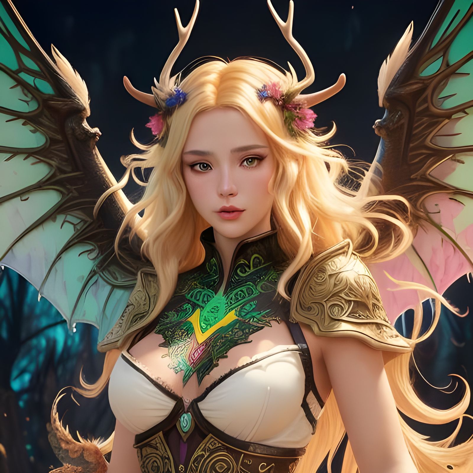 Dragon Winged Angel with Stag Antlers in Woods