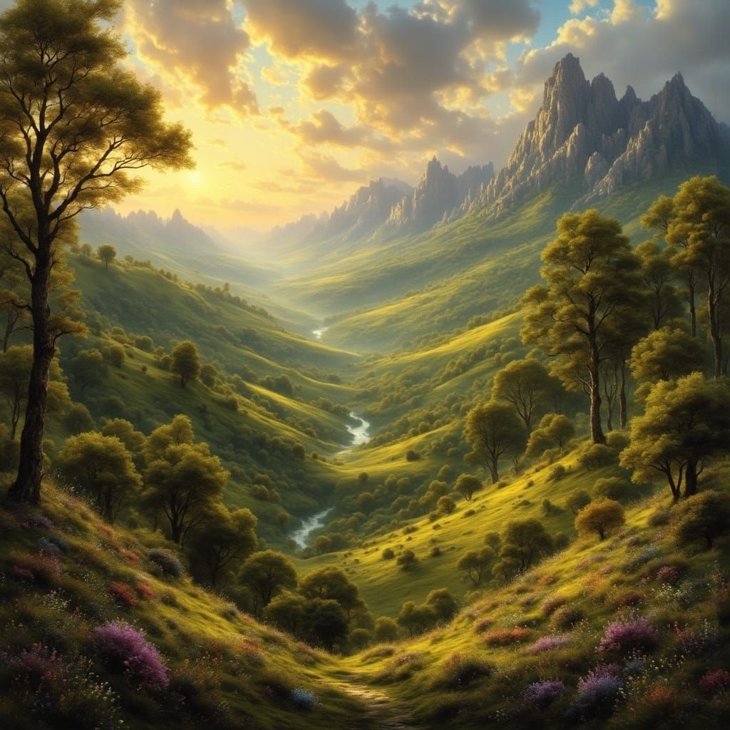 Mystical Fantasy Landscape in Dreamlike Golden Light