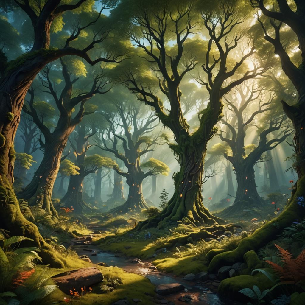Mystical Forest with Magical Energy in Digital Art