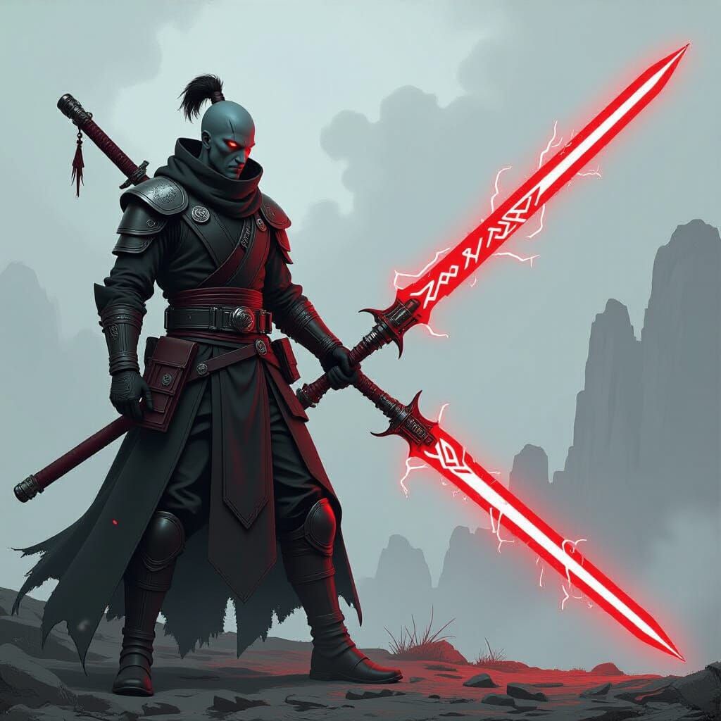 Crimson Rakata Saber with Glyphs and Runes