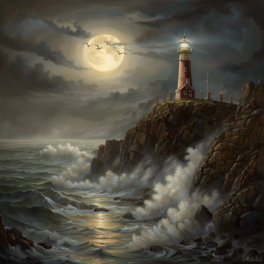 Lighthouse Beaming on Rocky Coast in Fog