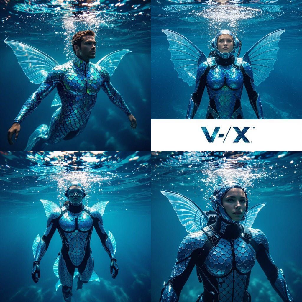 Futuristic Human Merging with Bioluminescent Aquatic Suit Un...