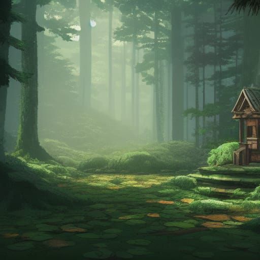 Abandoned Forest Temple: Studio Ghibli Anime Visual