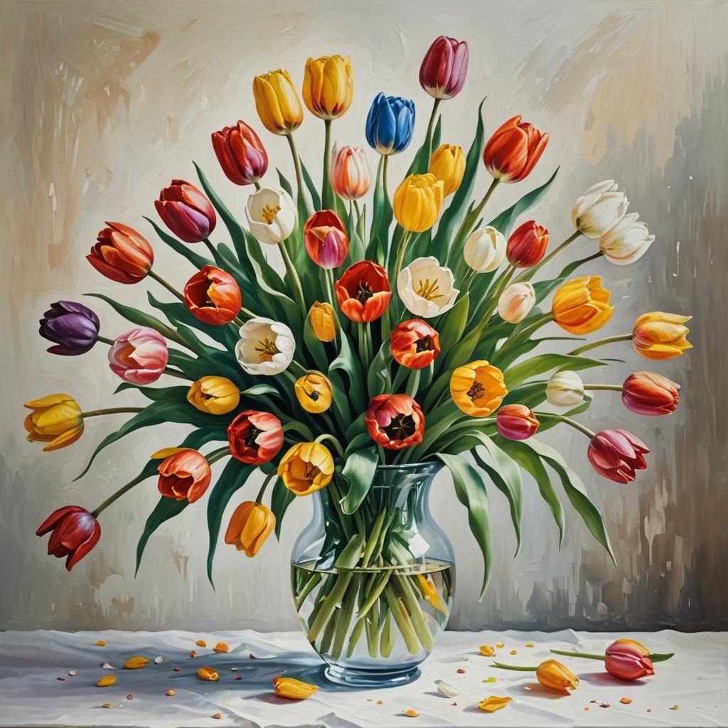 Vibrant Tulips in Oil on Canvas with White Background