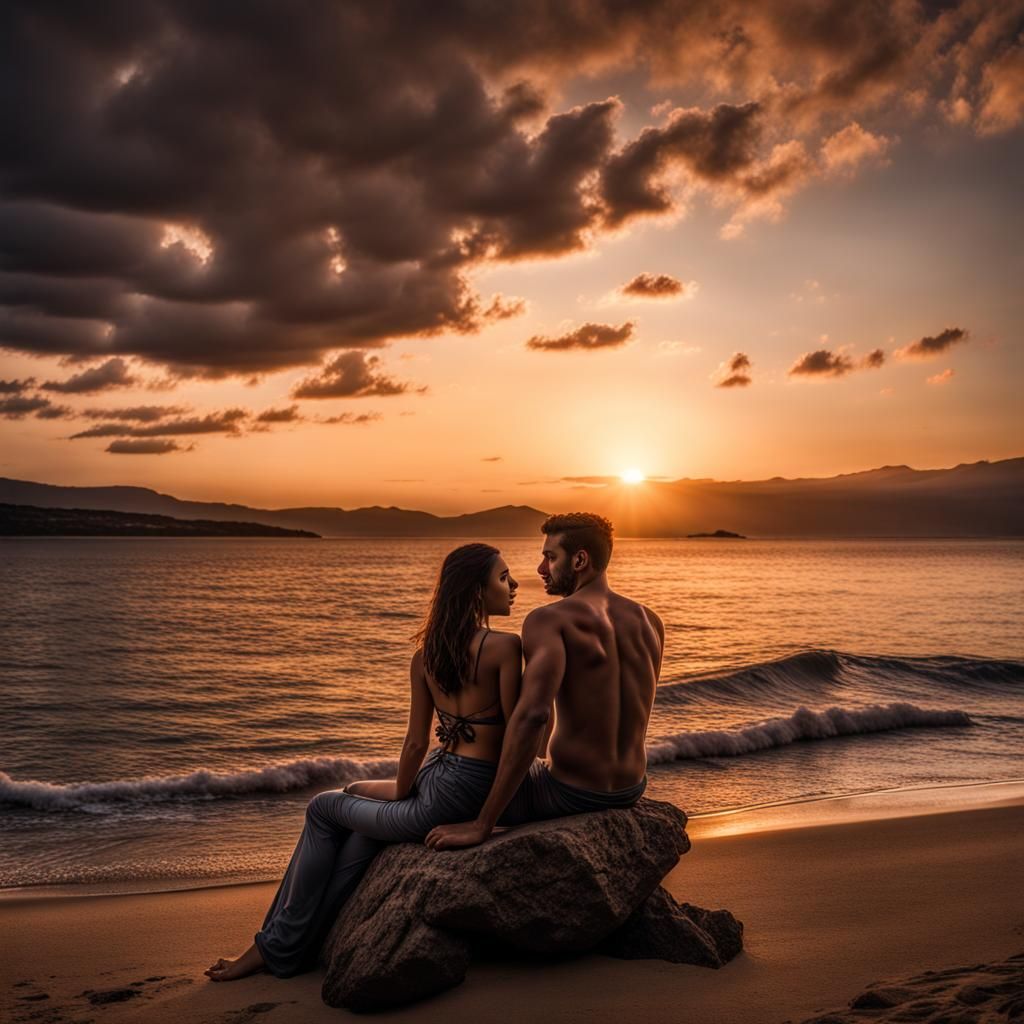Romantic Poolside Sunset: Hyperrealistic Couple's Scene