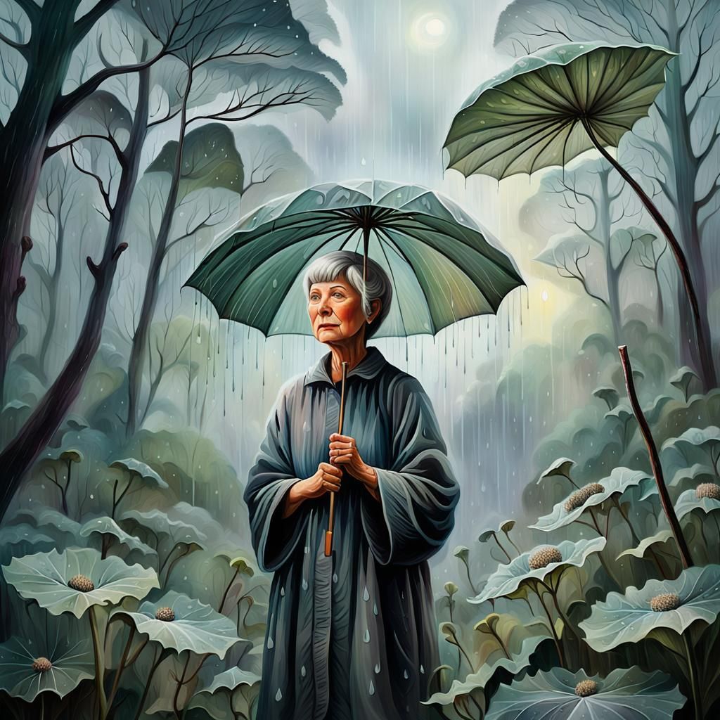 Rainy Dreamscape: Woman with Burdock Leaf