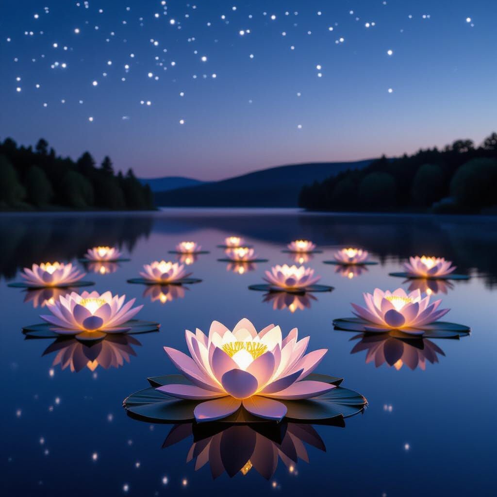 Glass and Steel Lotus Flowers on Starry Lake