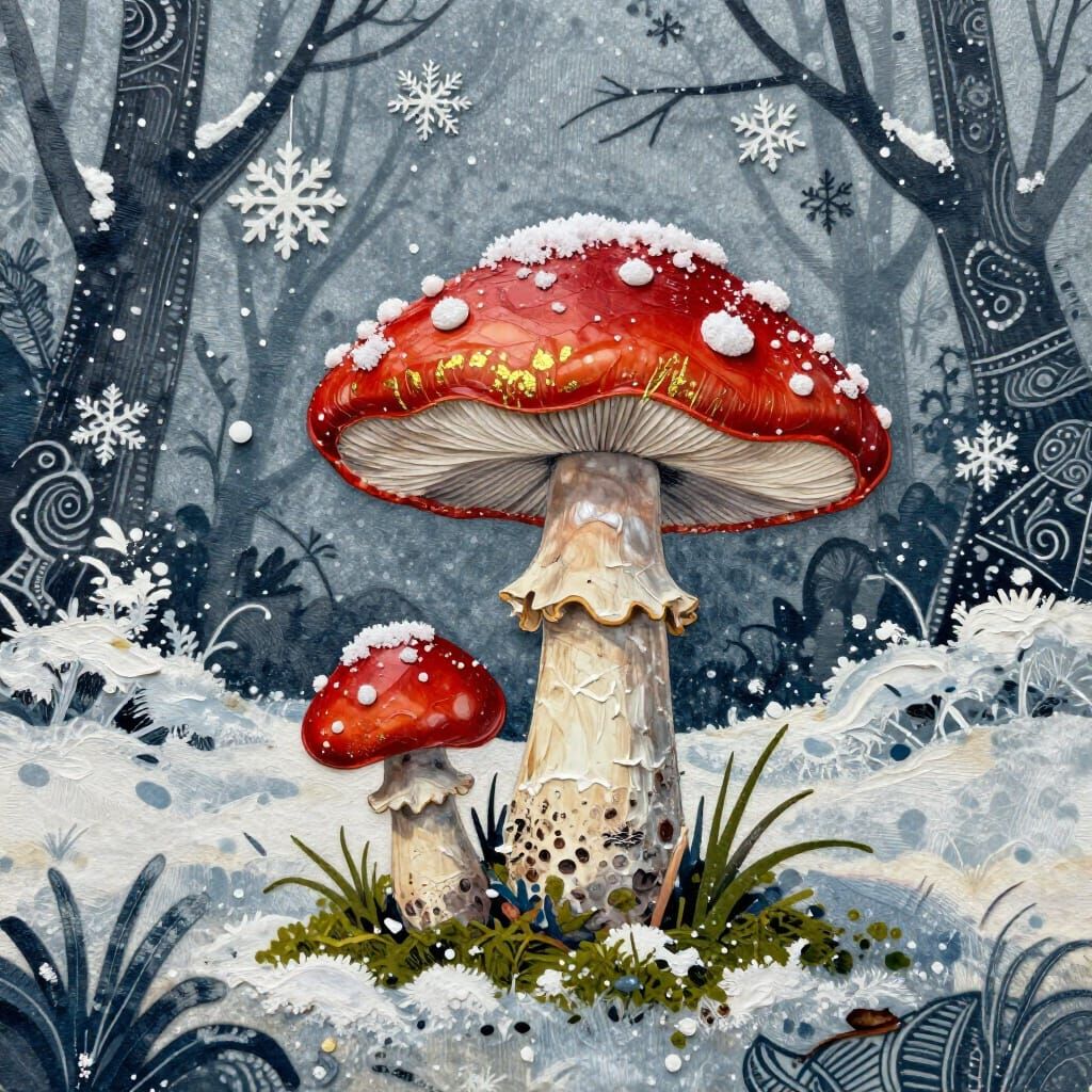 Red Mushroom in Whimsical Snowy Forest Batik Style