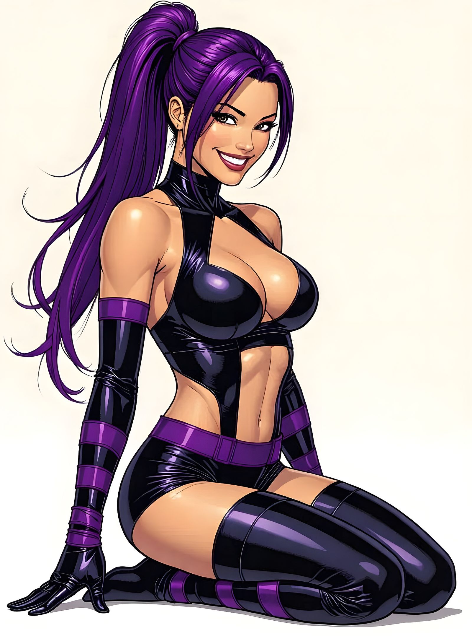 Psylocke Kneeling with Purple Ponytail, Comic Art Style