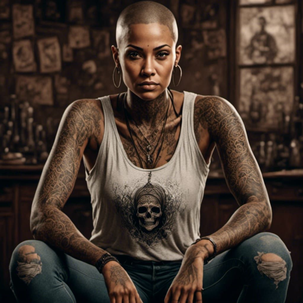 Tattooed Brunette Portrait in Retro Rockabilly Style