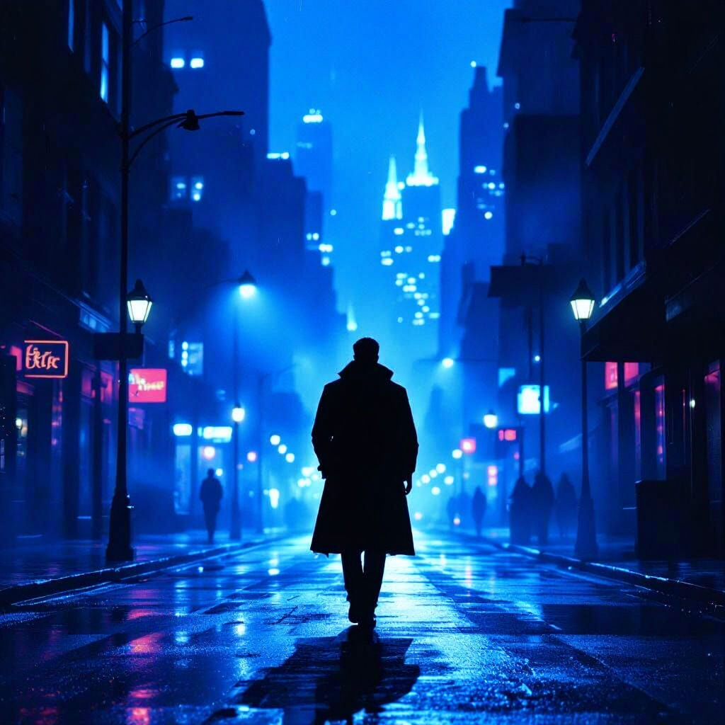 Man Walks in Dark Cityscape