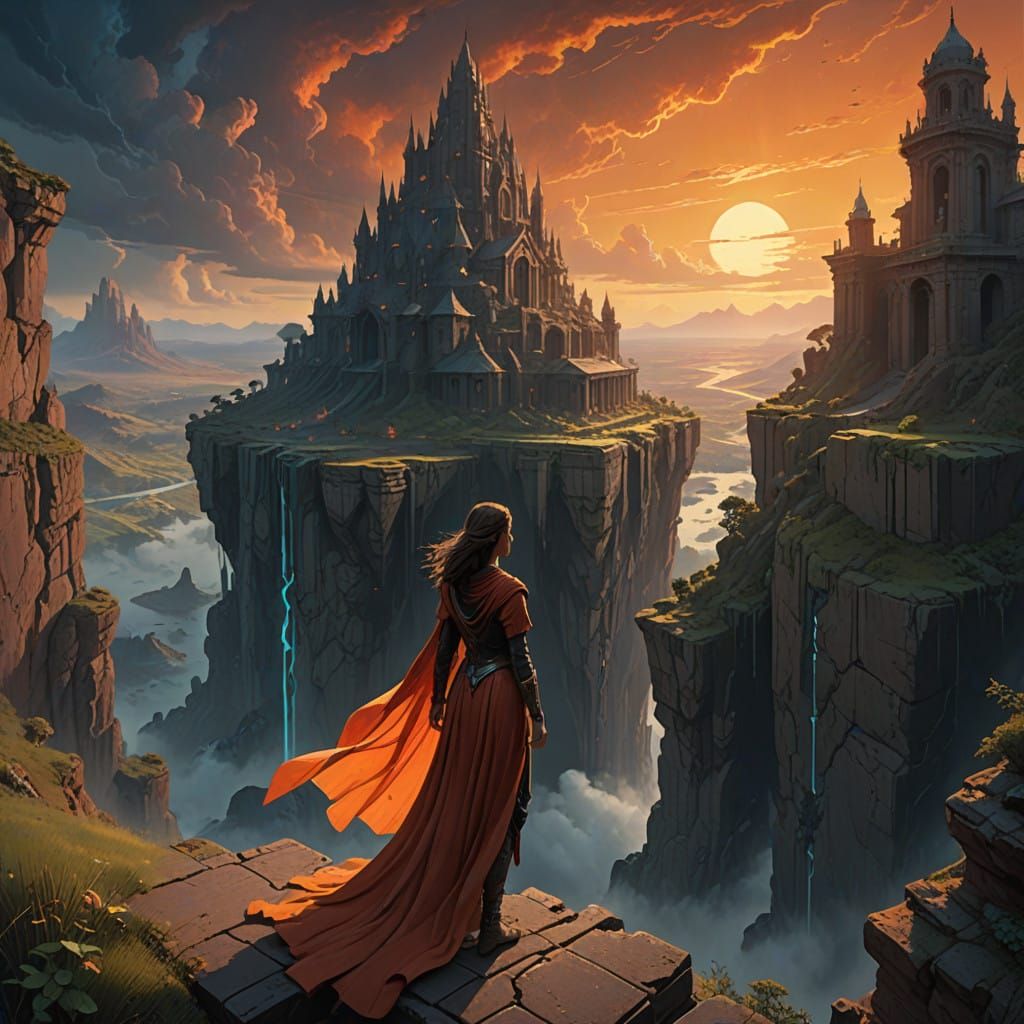 Ethereal Woman at Ancient Ruins Sunset