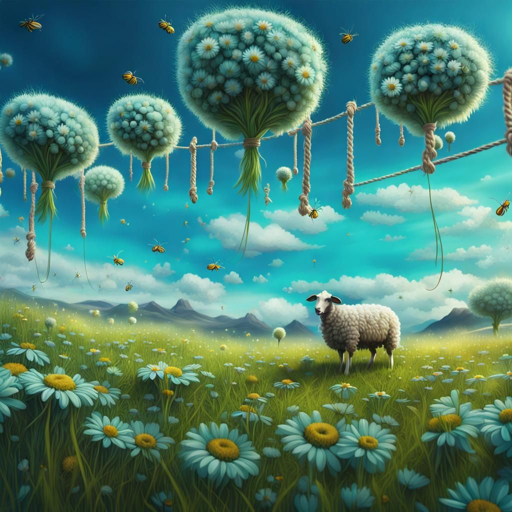 Camomile Field with Drying Blankets: Fantasy Art