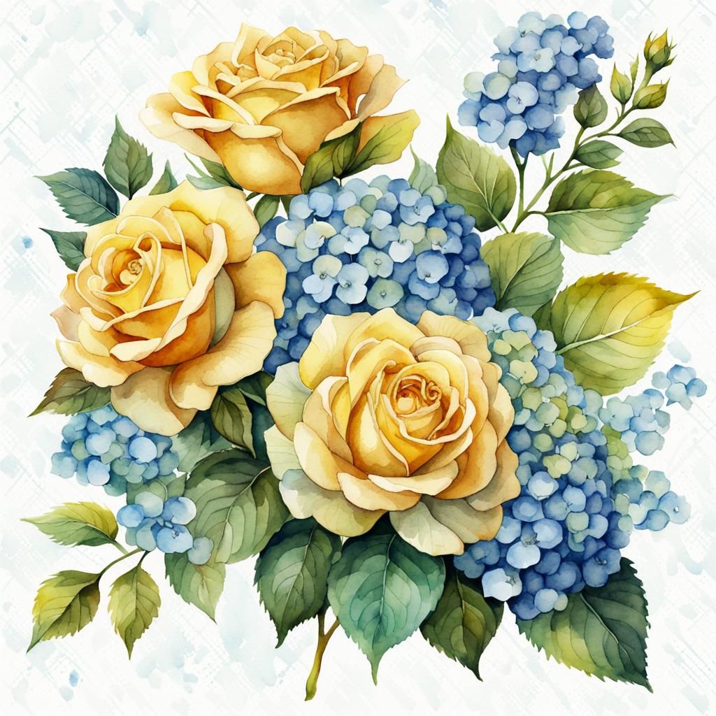 Watercolor Yellow Rose and Hydrangea Floral Clipart