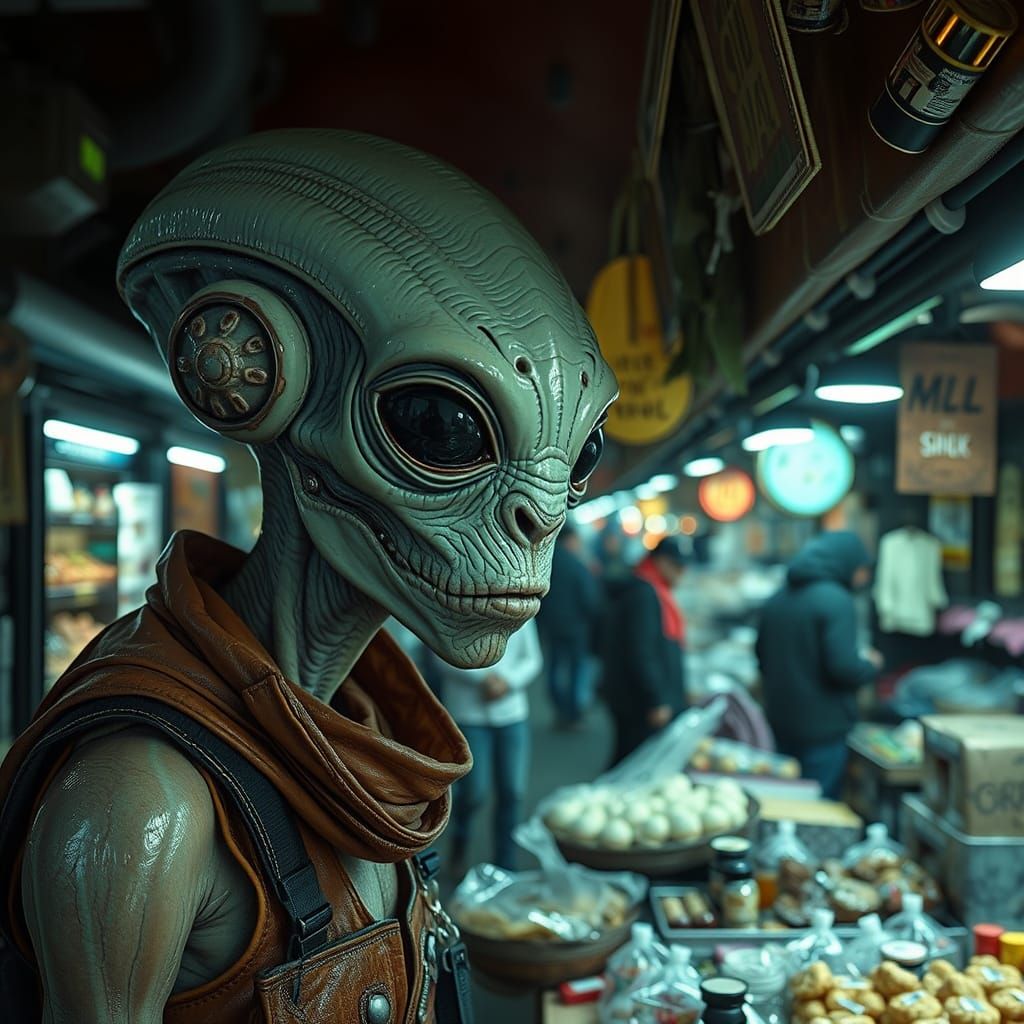 Biopunk Alien at Market Stalls