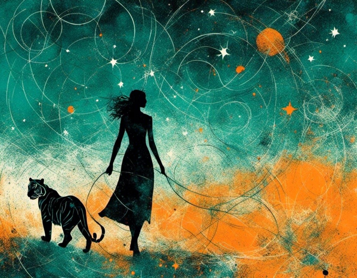 Woman and Tiger Silhouette in Minimalist Sci-Fi Style