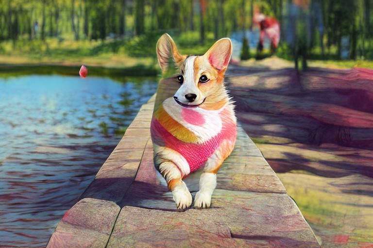 Pink Corgi in Striped Sweater, 3D Digital Art