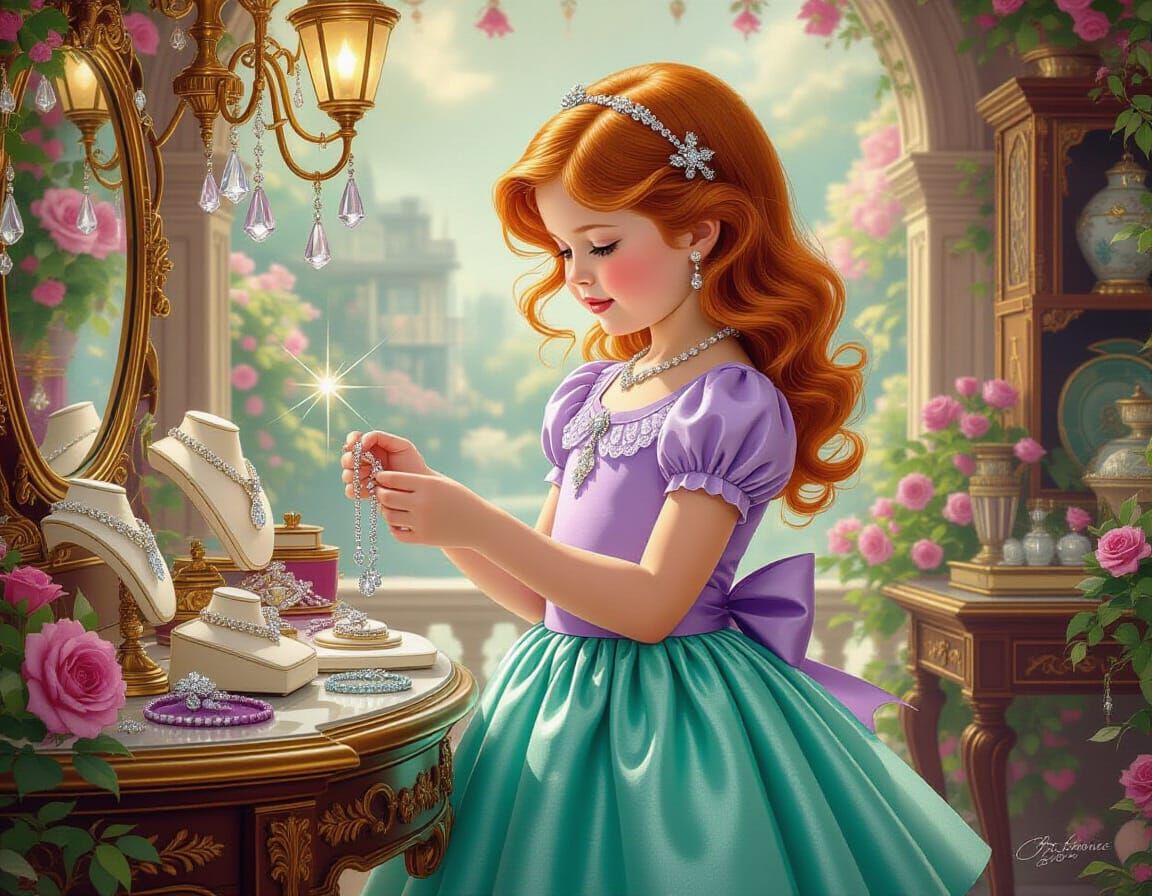 Redhead Girl Shopping for Jewelry in Whimsical Style