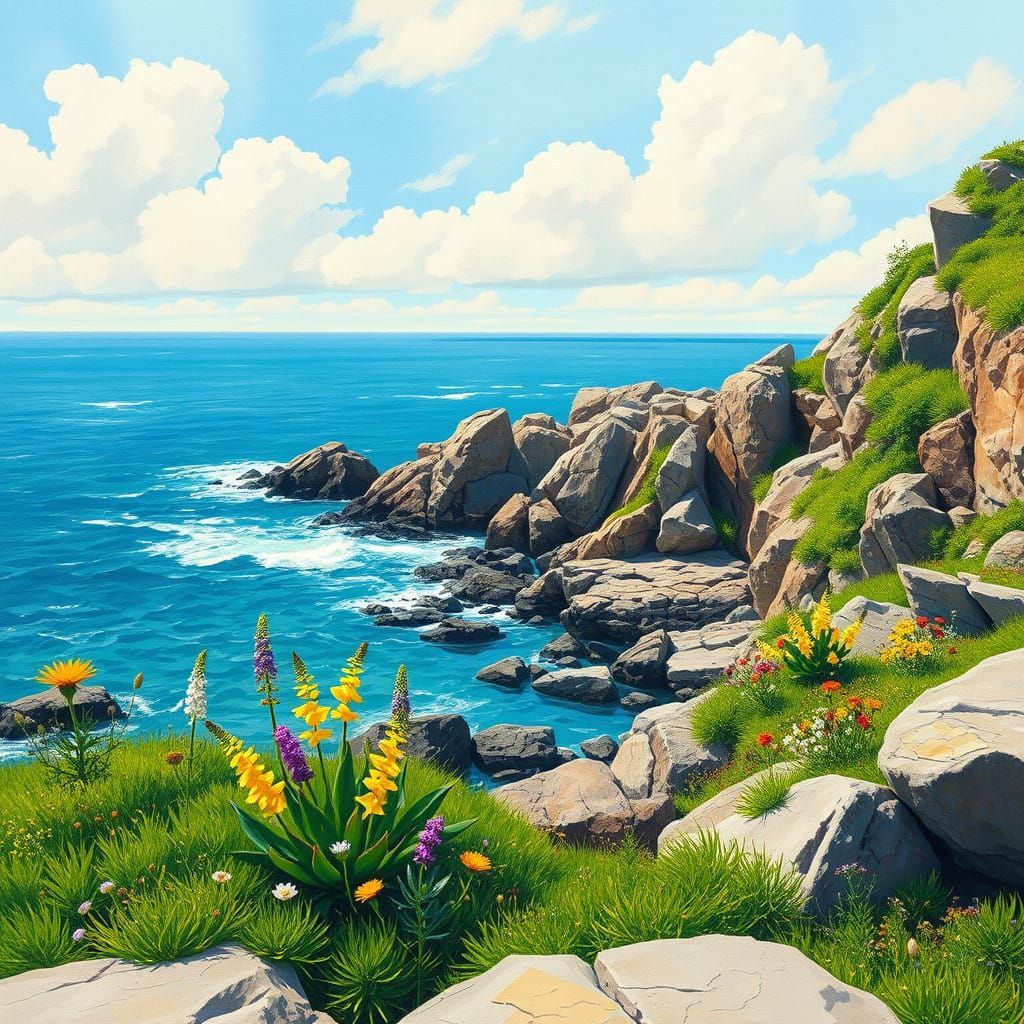 Vibrant Gouache Shoreline Scene in Springtime
