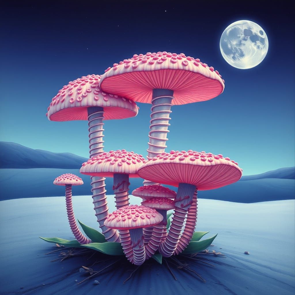 Surreal Fungi Blooms in Lunar Landscape, in Pop Realist Styl...