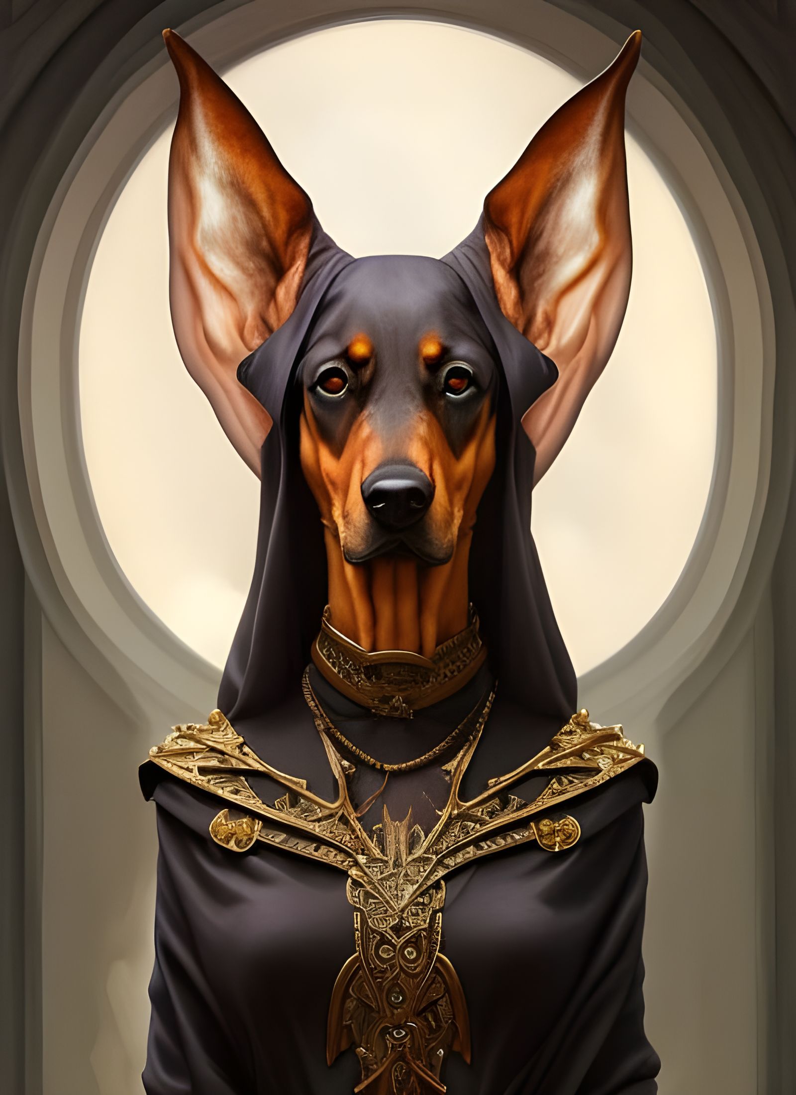 Doberman Priestess Portrait in Art Nouveau Style