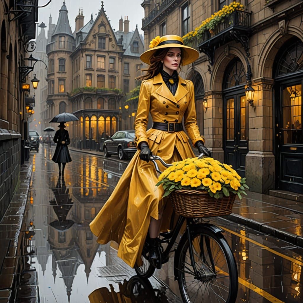 Woman in Yellow Dress Rides Bicycle Through Rainy Paris Stre...