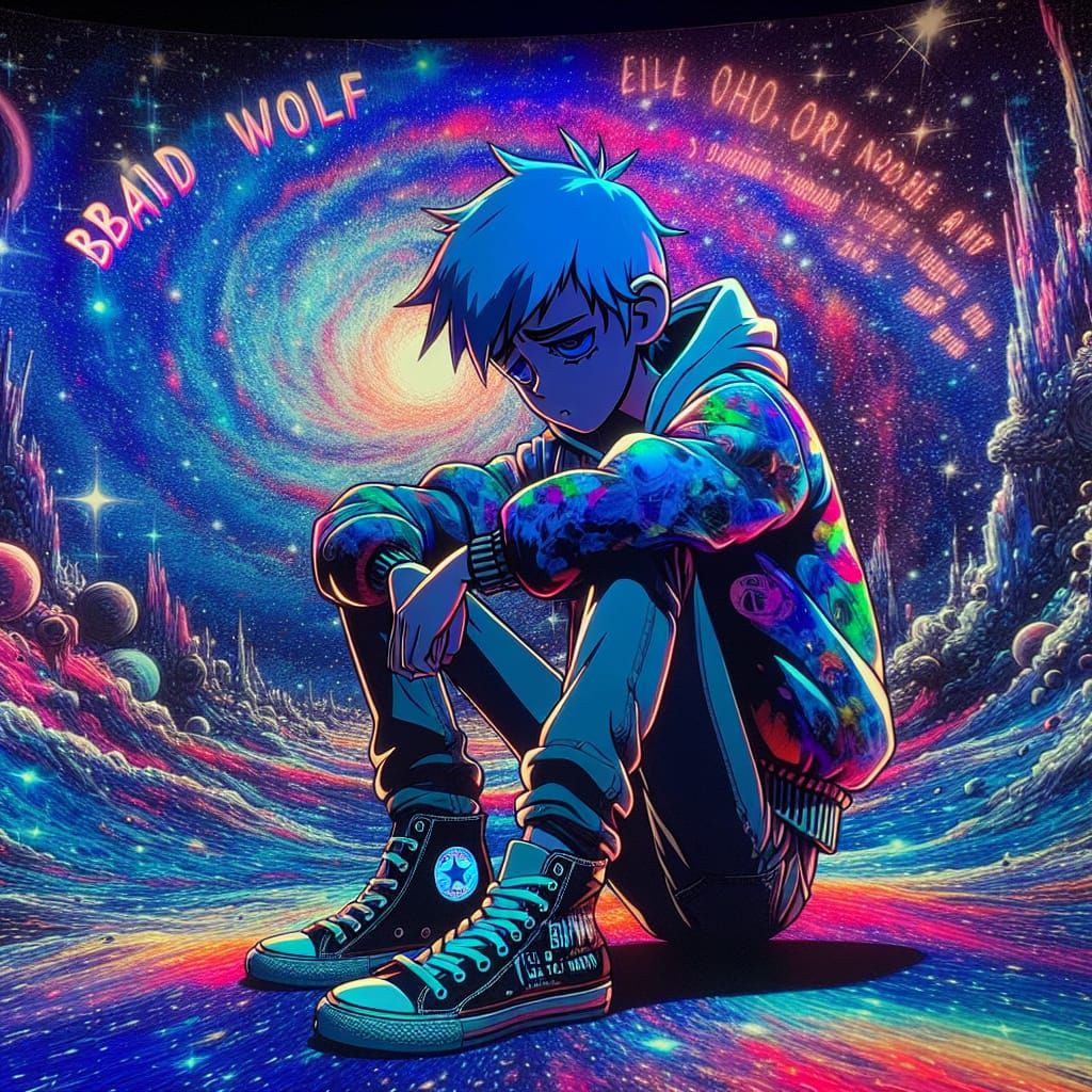 Anime Character in Space Vortex with Holographic Graffiti