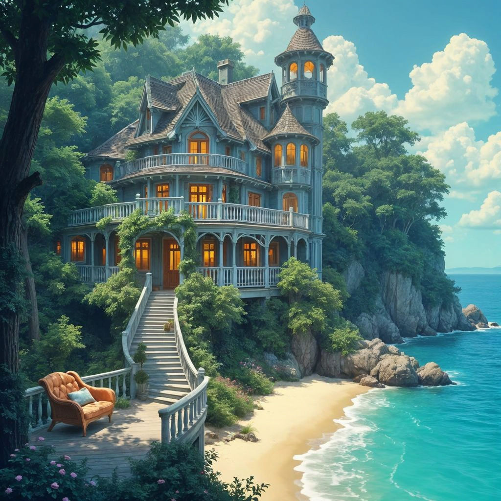 Idyllic Seaside Mansion with Wooden Balcony