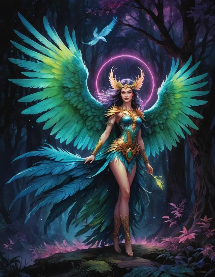 Mythical Bird Woman in Psychedelic Neon Colors