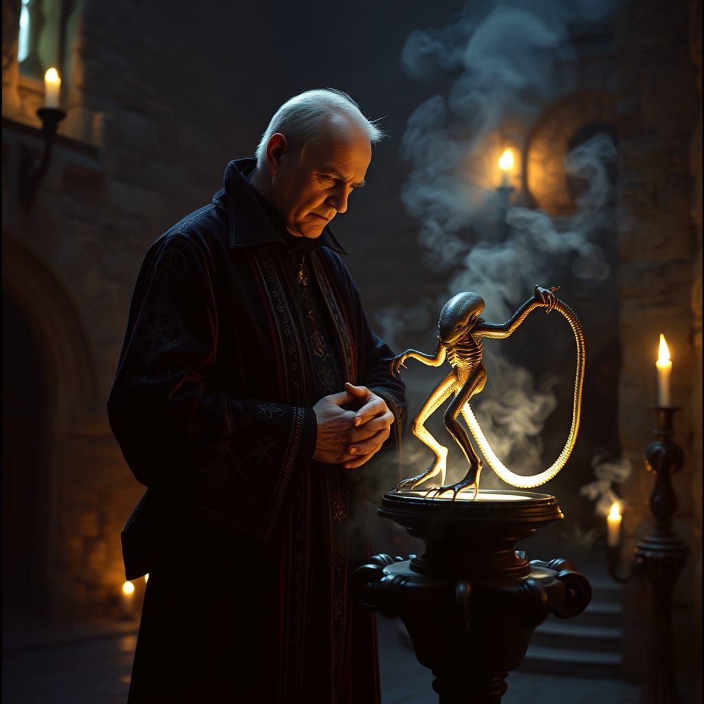 Medieval Wizard Consults with Xenomorph Homunculus in Gruyer...