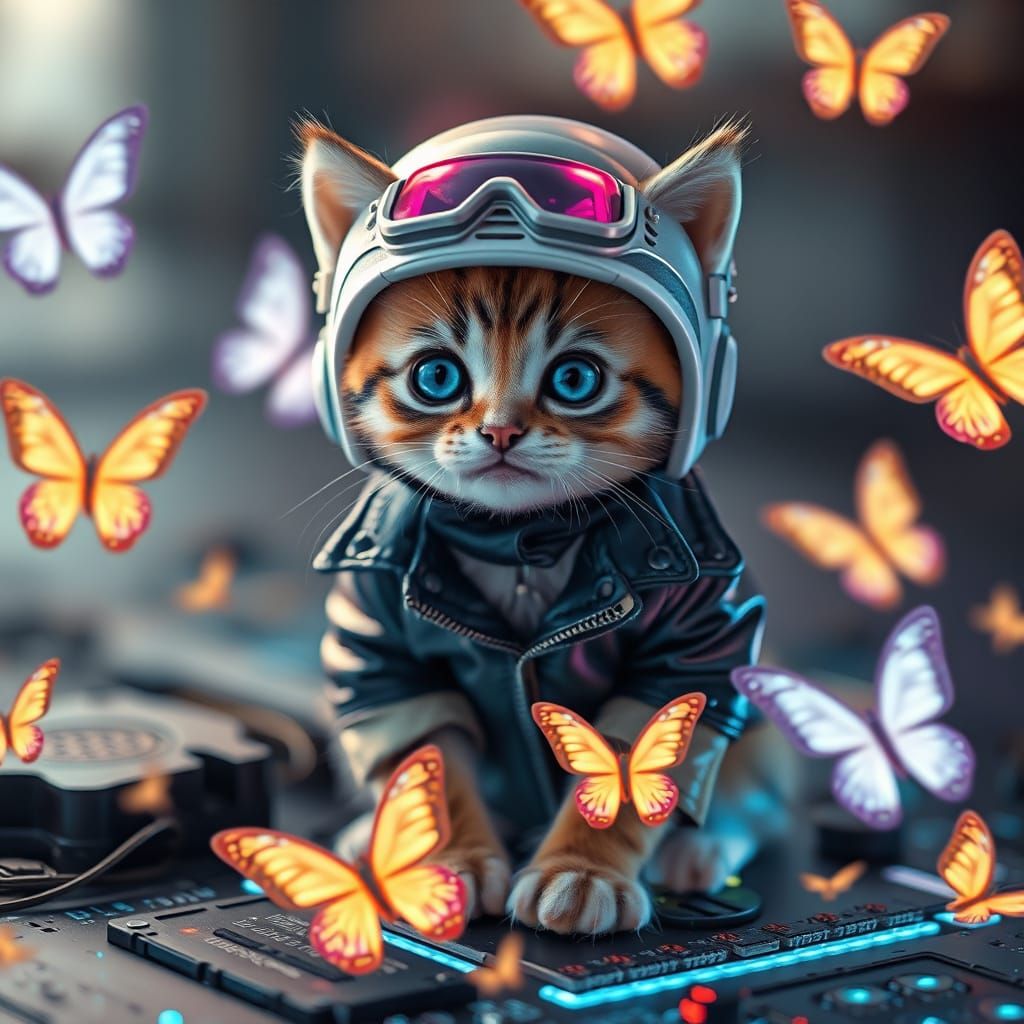 Cyberpunk Kitten on Circuit Boards with Butterflies