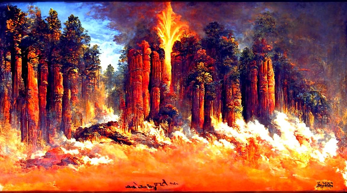 Forest Fire in Style of Bierstadt Landscape