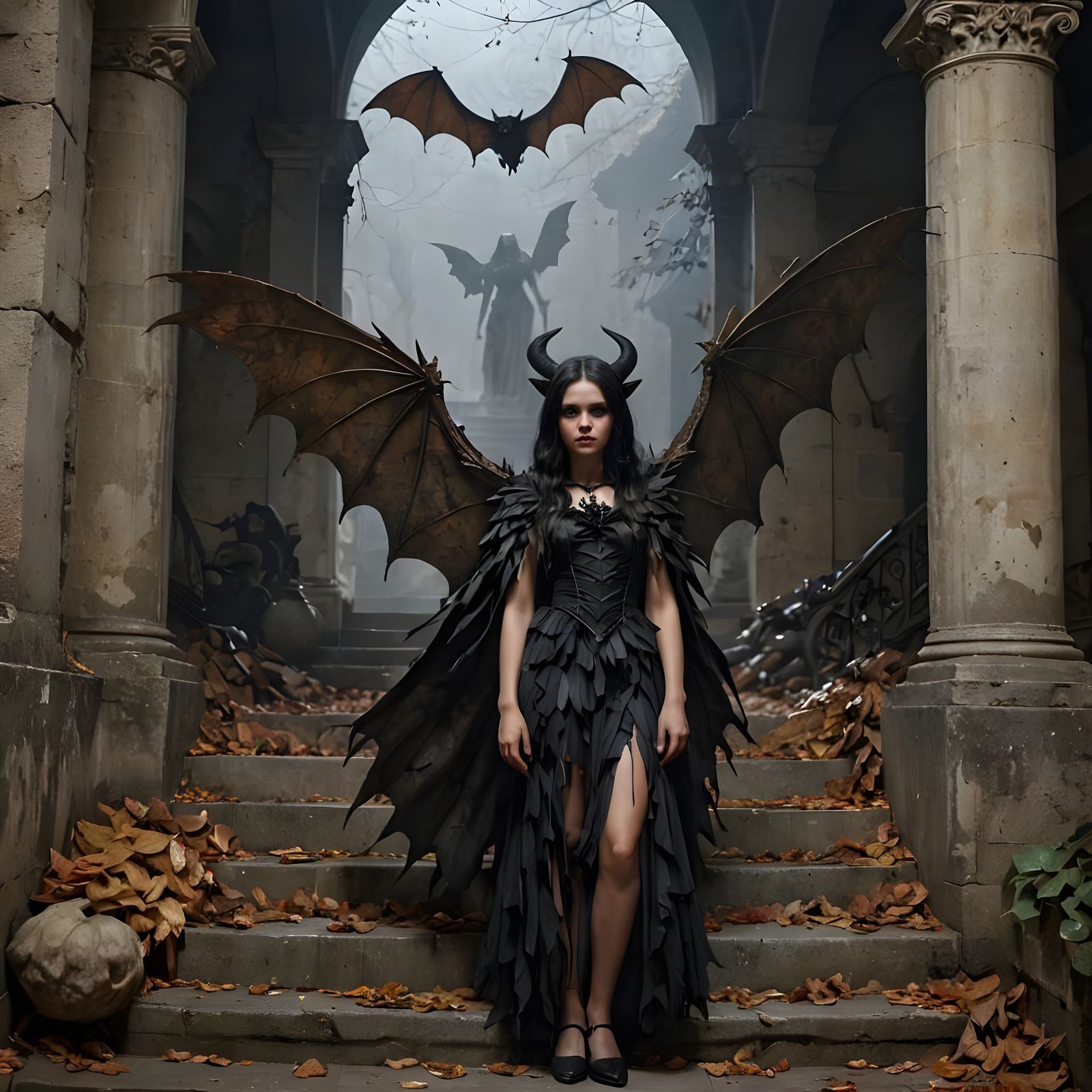 Gothic Girl with Bat Wings at Crypt Entrance