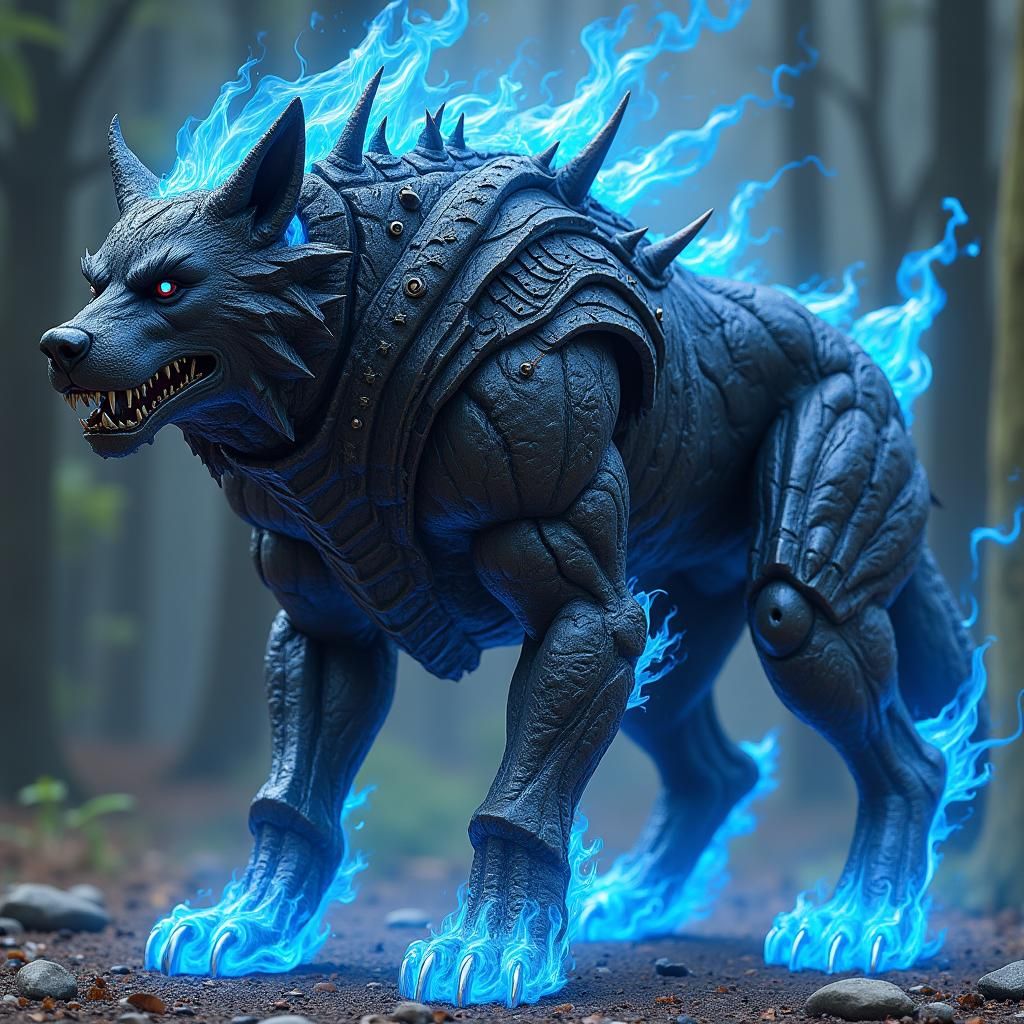 Armored Cerberus with Blue Flames in Gothic Style