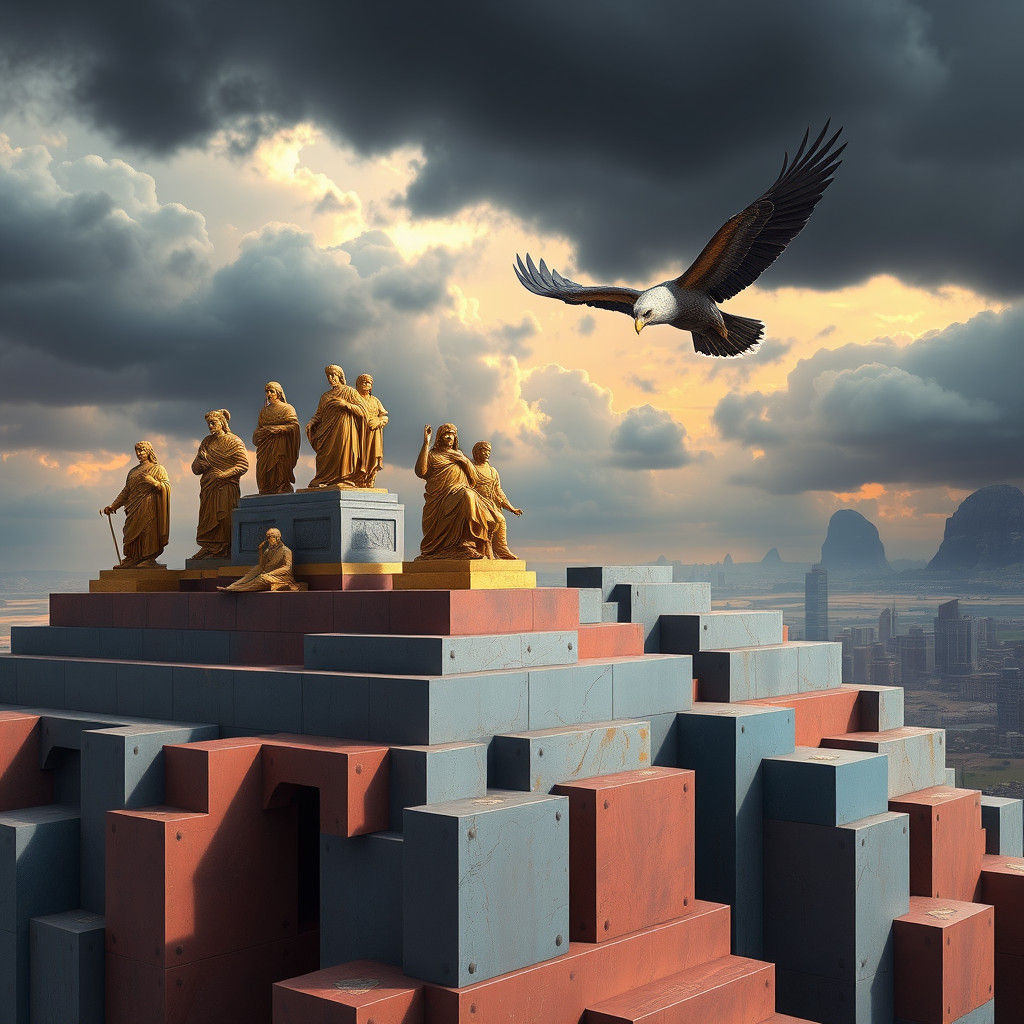 Golden Statues Ascend in Futuristic Landscape