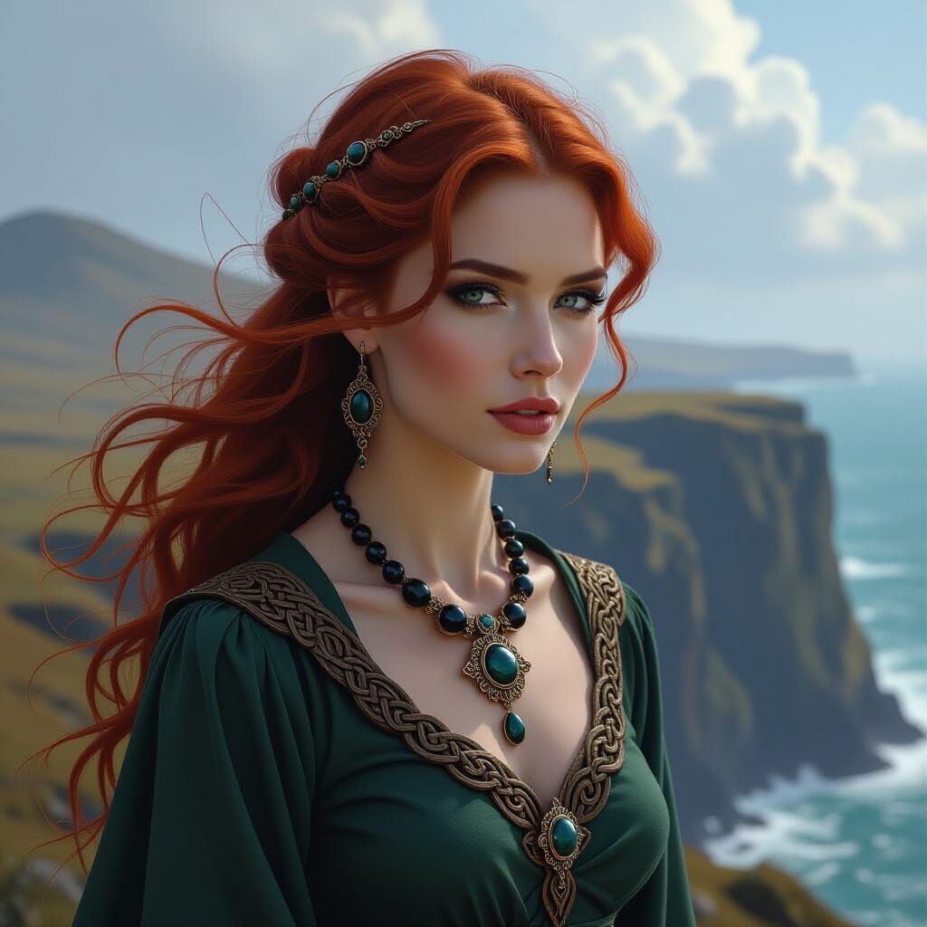 Celtic Woman on Highland Cliff in Dramatic Concept Art Style