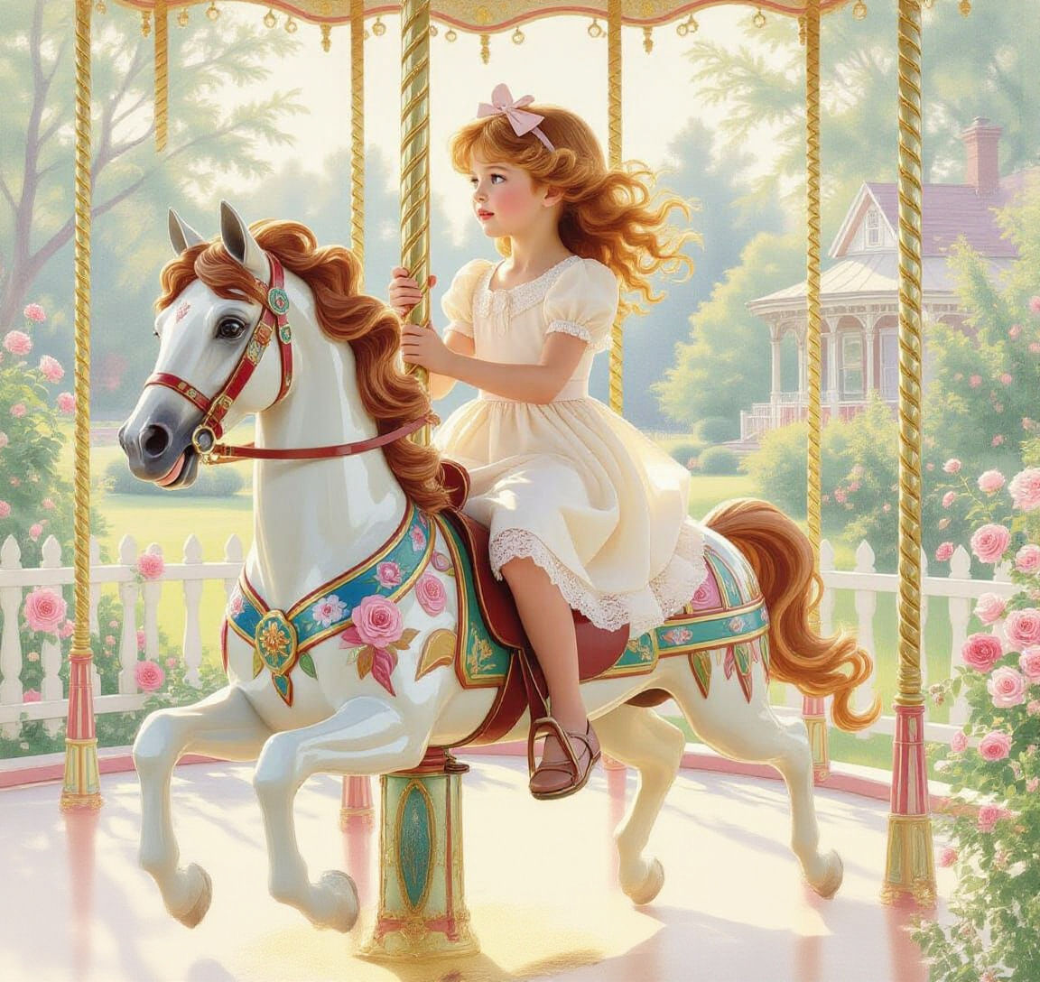 Girl on Carousel Horse in Dreamy Fairground
