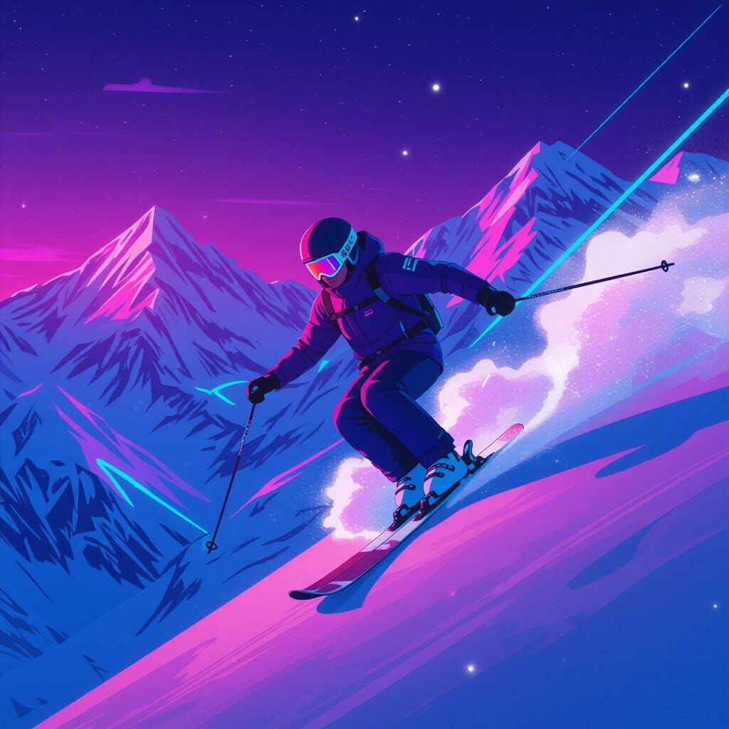 Neon Skier in Futuristic Mountain Landscape