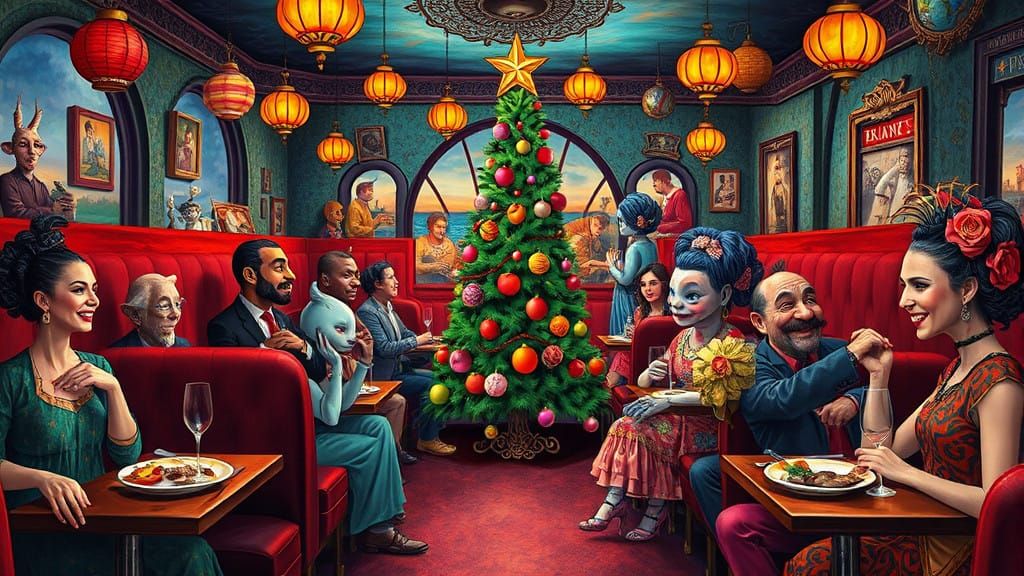 Dreamlike Christmas Scene with Fantastical Beings in a Vibra...