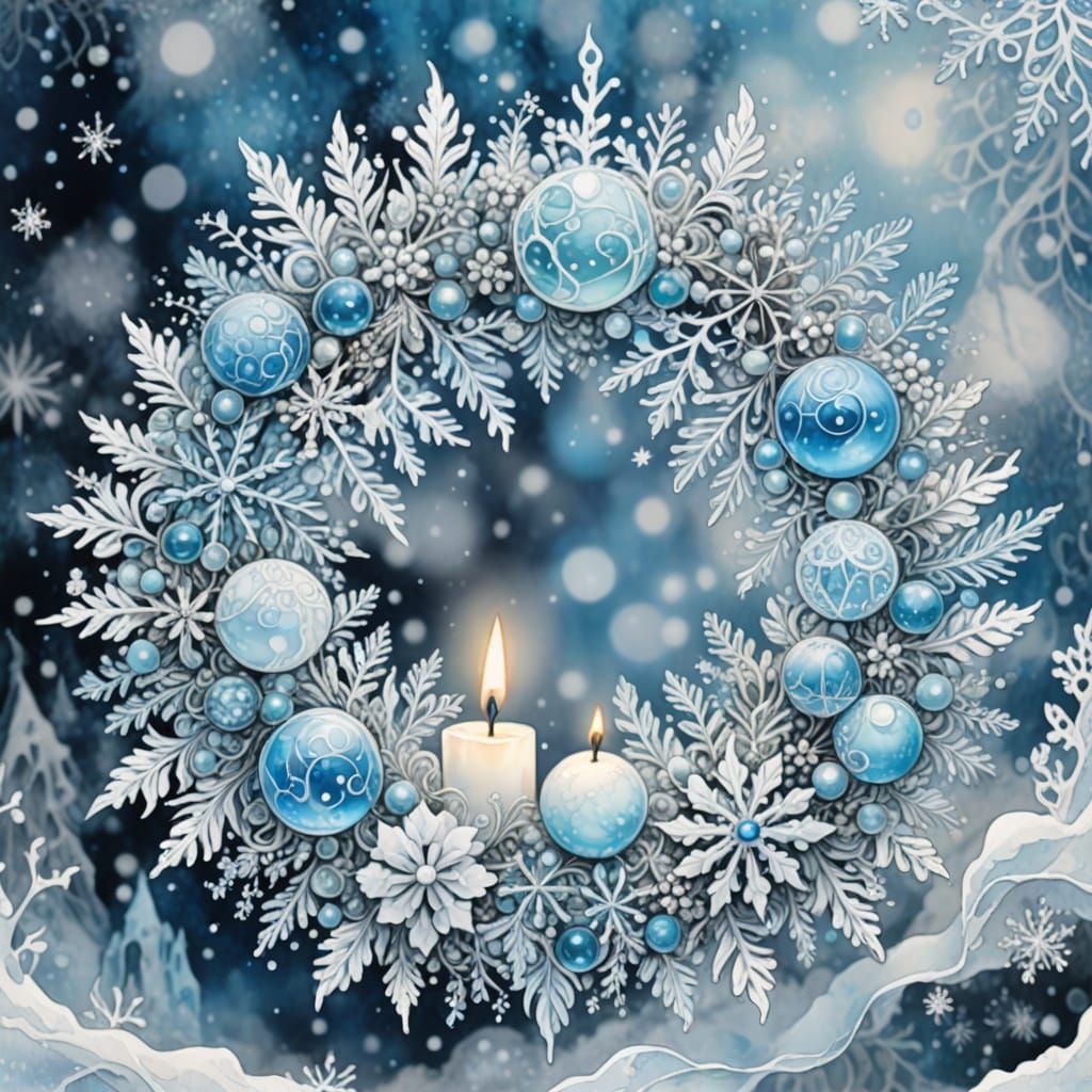 Ethereal Yule Wreath, intricately detailed, icy light-blue &...