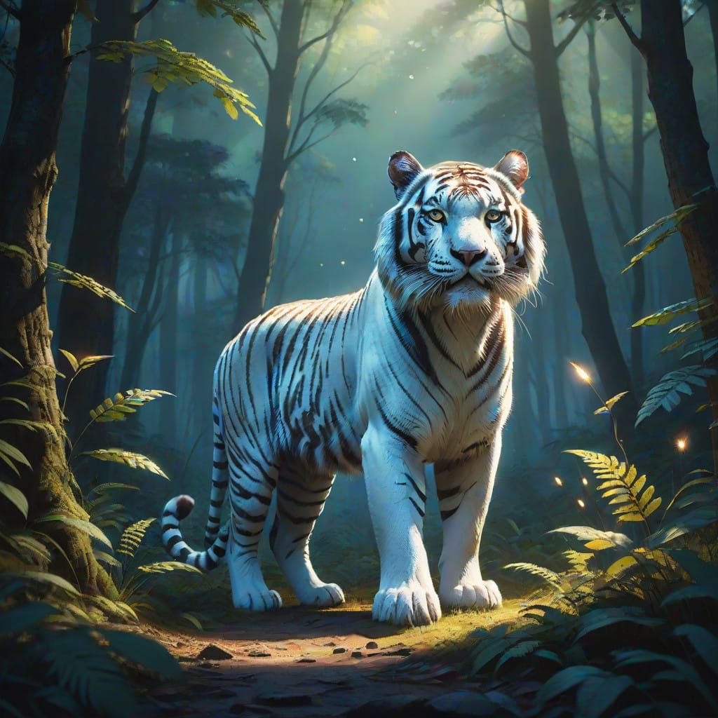 Glowing White Tiger Under Moonlit Fantasy Forest