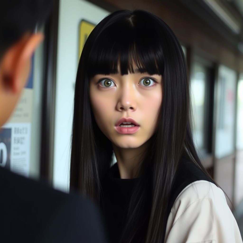 Frightened Japanese Woman with Green Eyes