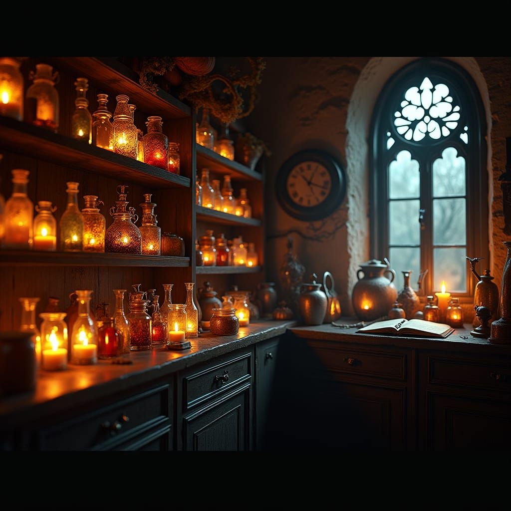 Enchanted Witches' Apothecary at Dusk with Glowing Potions
