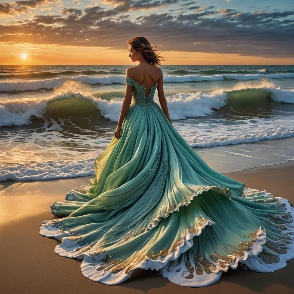Seafoam Dress Panorama at Sunset: Photorealistic Art